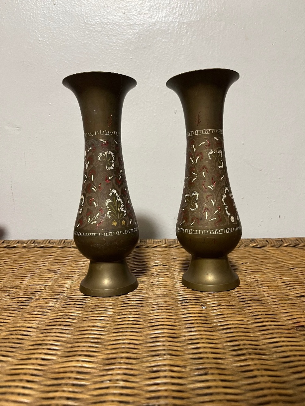 Vintage Pair of Colored Etched Brass Vases Made In India 1970s